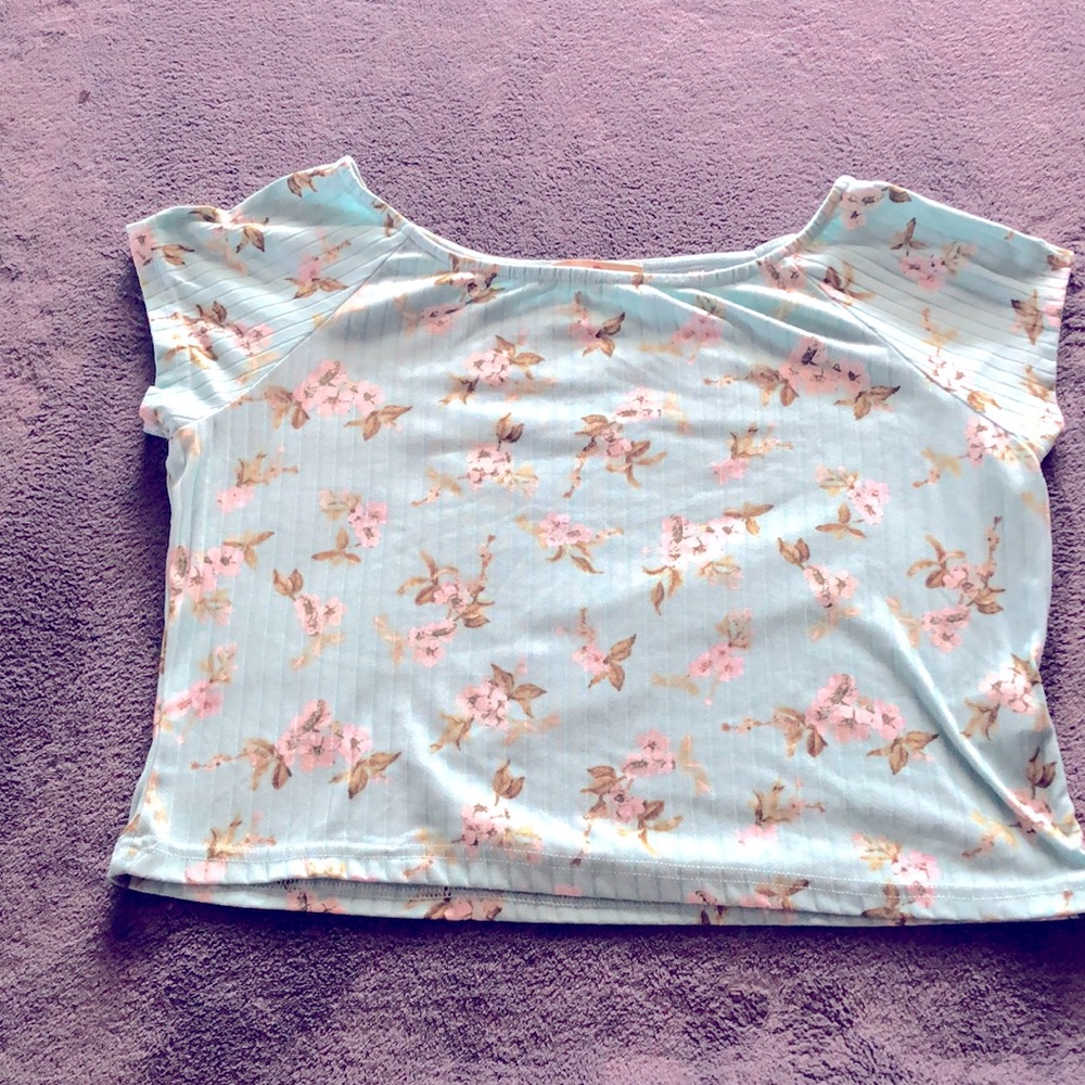 Wishfulpark cropped shirt, light blue with white flowers.